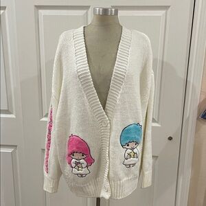 Little Twin Stars Cozy White Cardigan with Cute Character Design